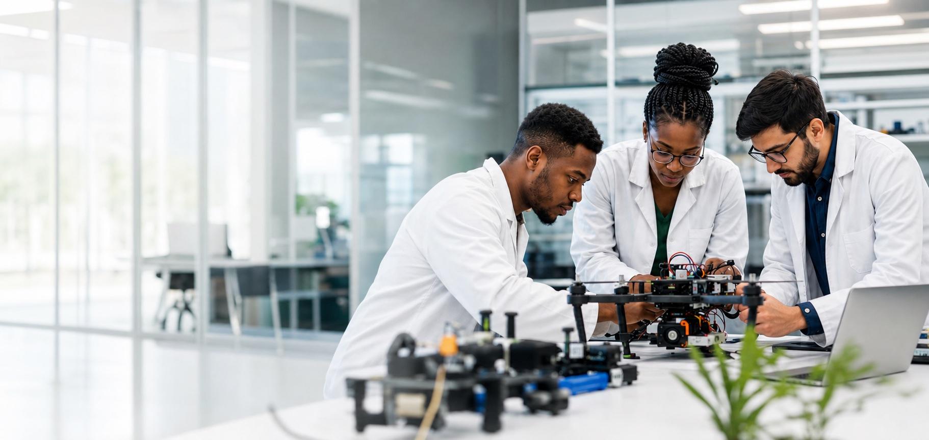 University researchers collaborating on a robotics prototype in a modern laboratory